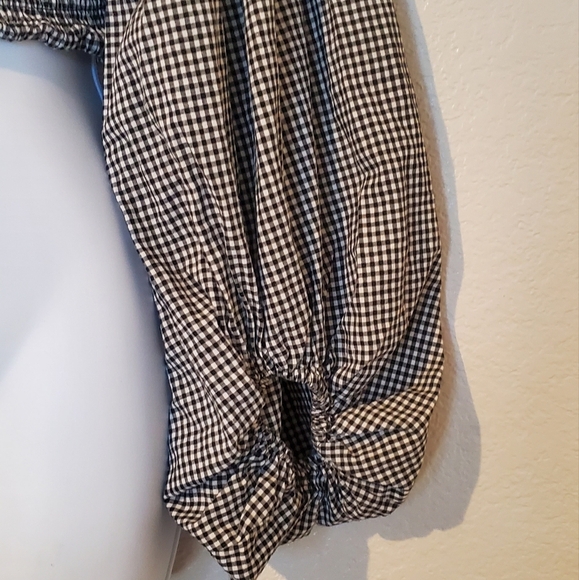 Gingham Checkered Smocked Crop Top Long Balloon Exaggerated Bishop Sleeves Small - Picture 2 of 6